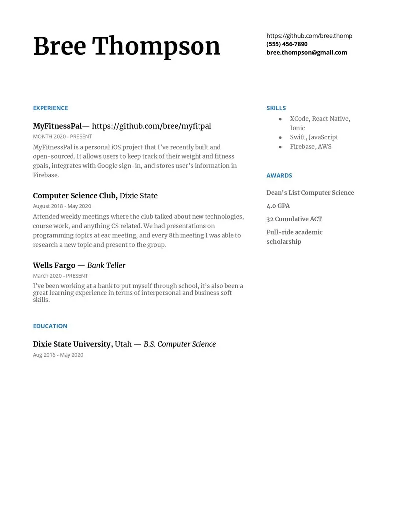 Mobile Developer Internship Resume Sample - CS Student