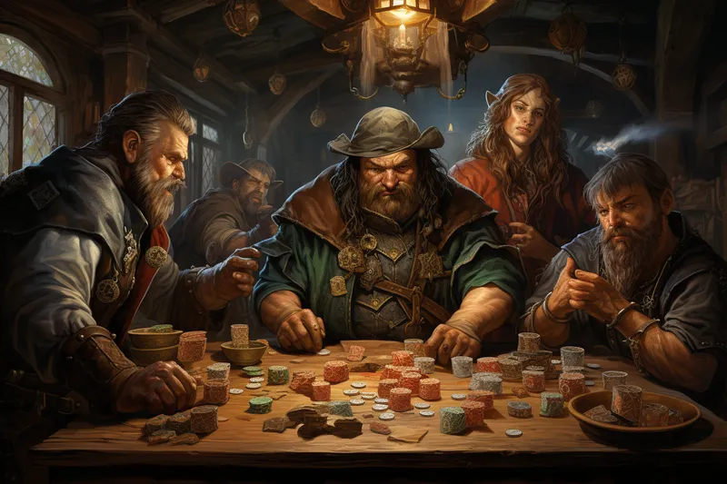 fantasy painting of gamblers generating random numbers with dice