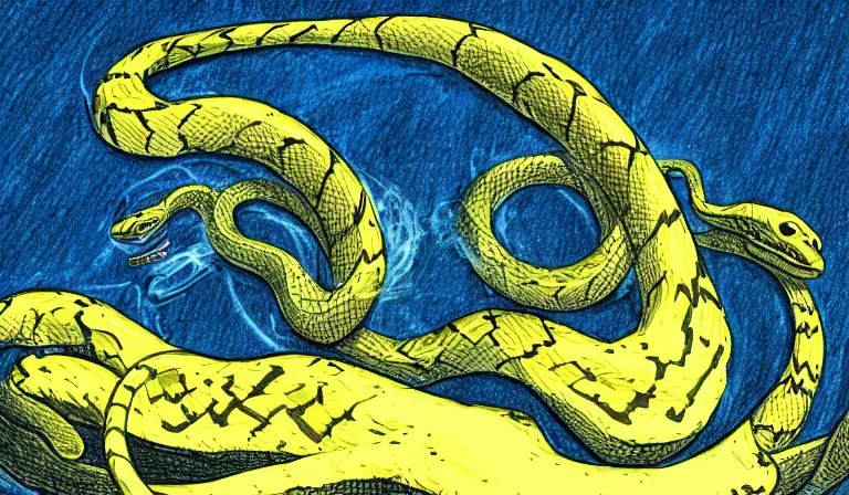 Art generated by Stable Diffusion AI. Prompt: 'dangerous snake bite, fantasy drawing, cinematic, dramatic, blue and yellow'