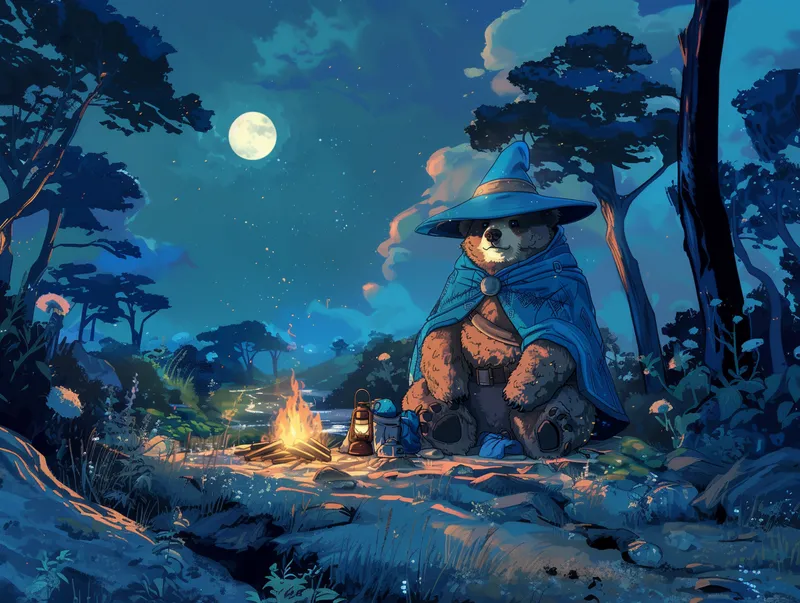 Boots the Wizard Bear camping in the summer