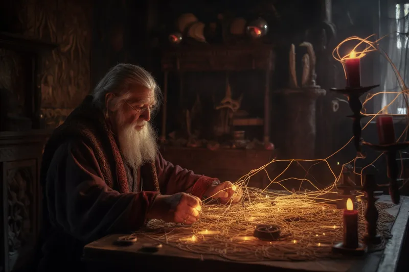 A seasoned mage deeply engrossed in weaving a spell that forms a complex web