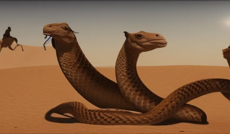 Art by Stable Diffusion. Prompt: 'snakes and camels sci fi cinematic'